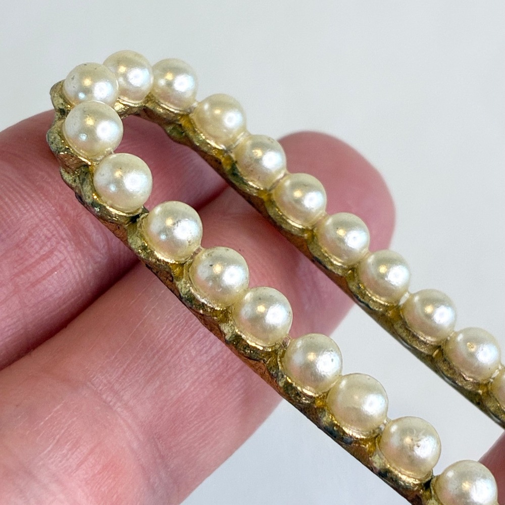 Vintage Faux Pearl Brooch Pin Set Gold Silver Tone Oval Rectangle 2pc Estate - Picture 7 of 13